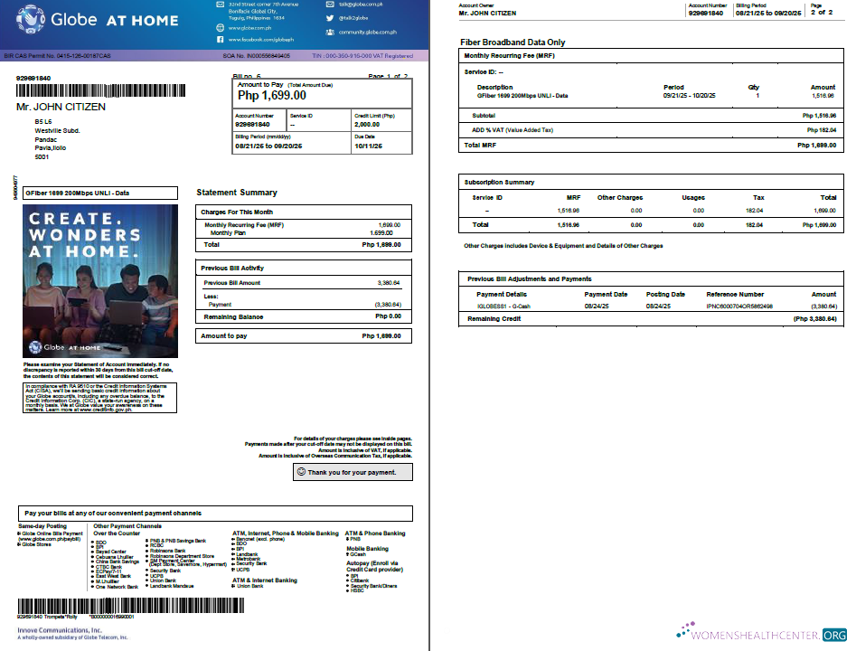 download Philippines Globe myBusiness utility bill template in Word and PDF formats, 2 pages, version 2 PDF template